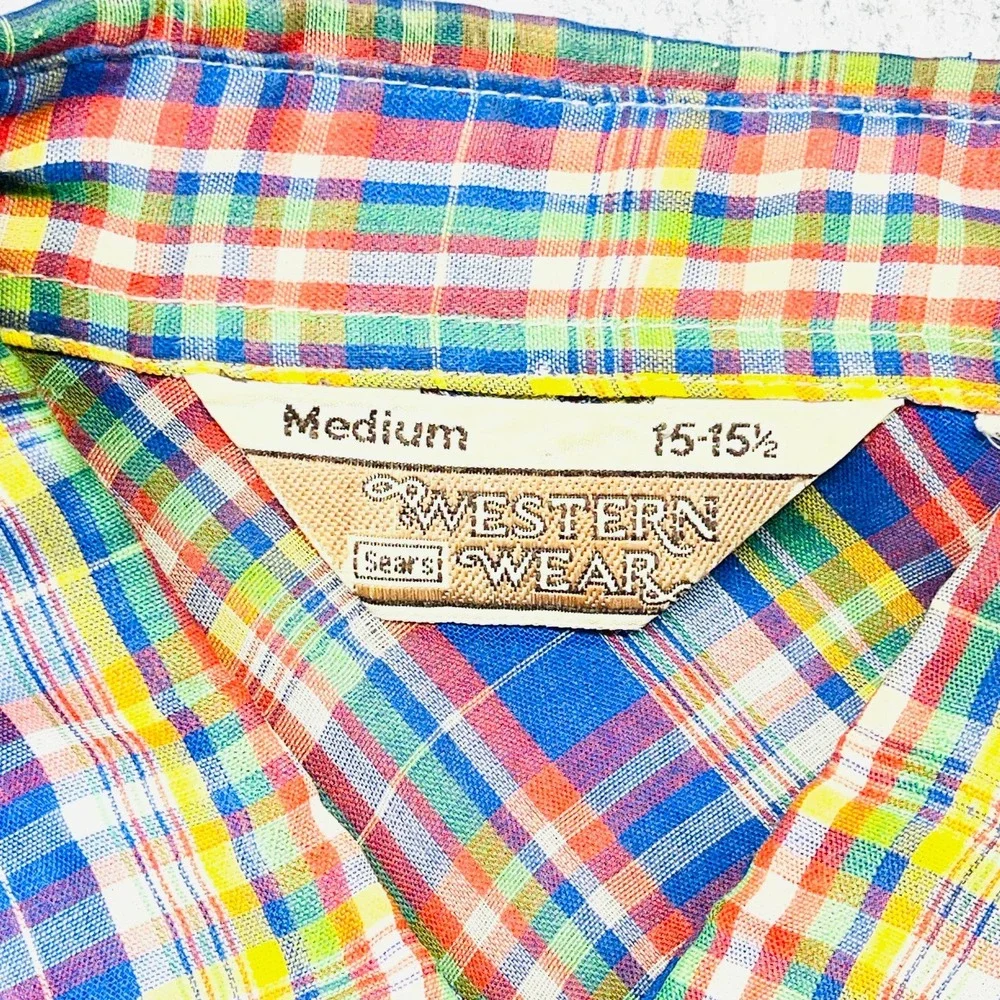 Vintage Sears Western Wear Shirt Men Medium Multi Plaid Pearl Snap Short Sleeve - Picture 3 of 8